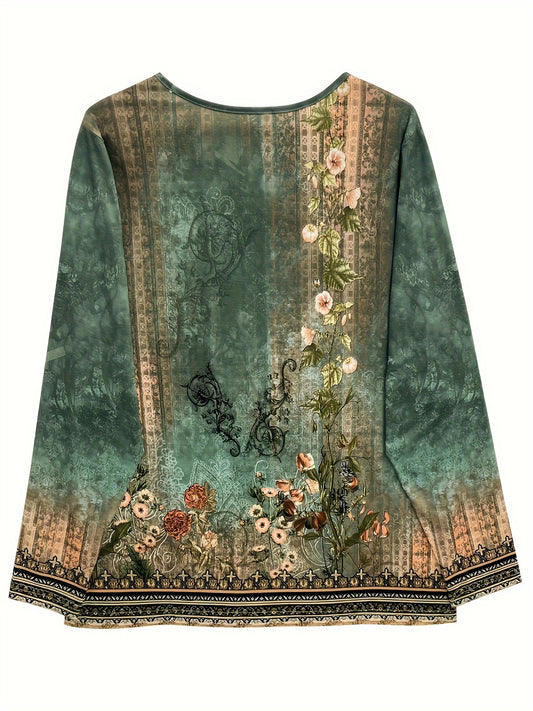 Bohemian Floral Print V-Neck Long Sleeve Tunic Top