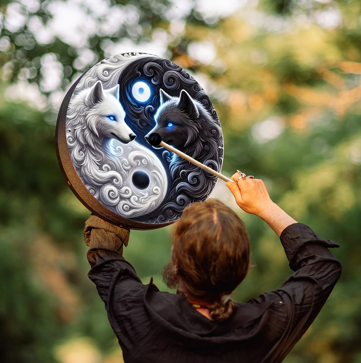 Yin Yang Wolf Drum with a Handle