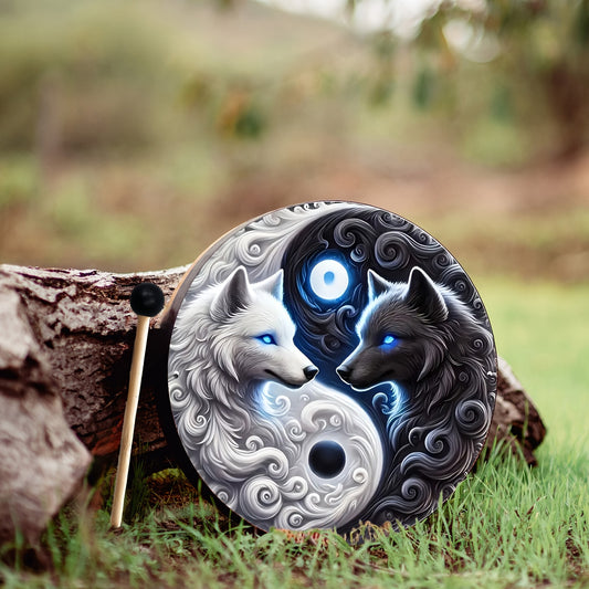 Yin Yang Wolf Drum with a Handle