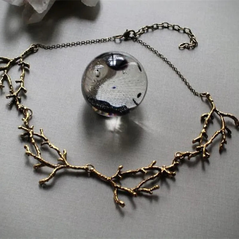 White Crystal Crescent Moon Branches Necklace