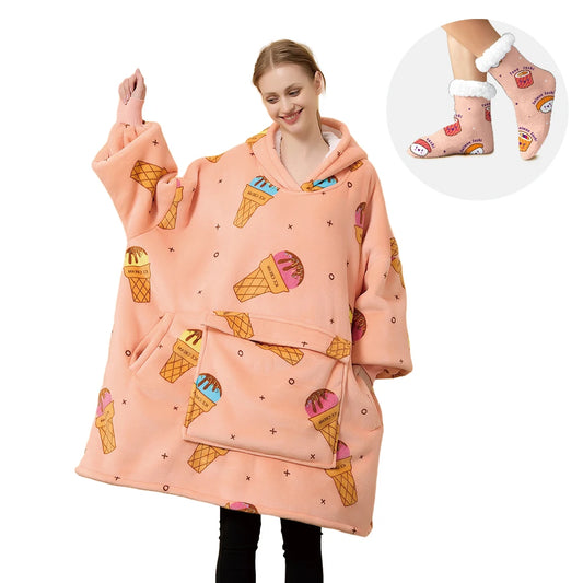 Adult Wearable Hoodie With Socks Oversized Hooded Blanket