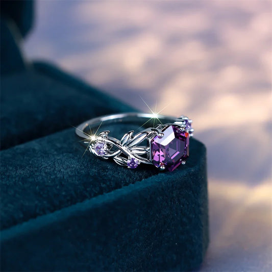 High Gorgeous Purple Inlaid Hexagon Zircon Twist Ring Fashion Silver Color Dainty Vintage Wedding Rings For Women Jewelry Gift