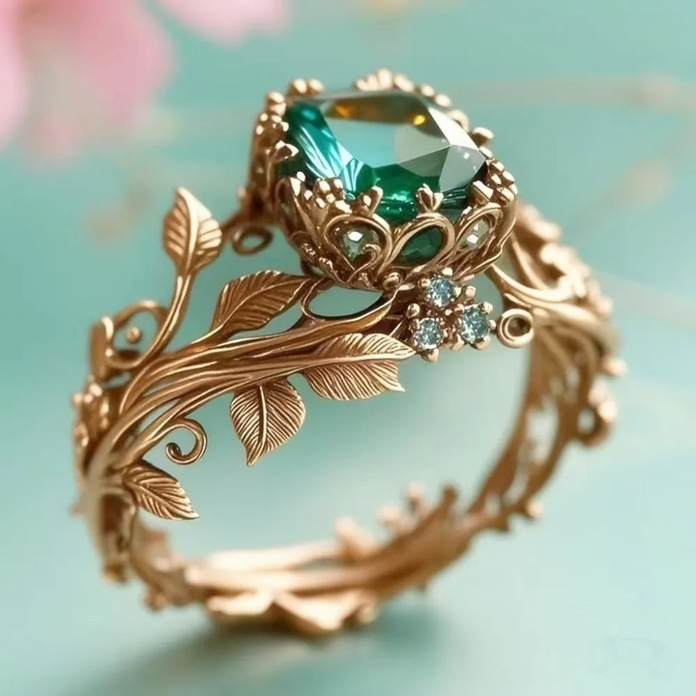 Inlaid Design Leaf Flower Ring