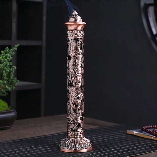 Archaize Vertical Incense Burner Buddha Heart Sutra Dragon Phoenix Pillar Metal Thread Incense Stick Home Office Decoration