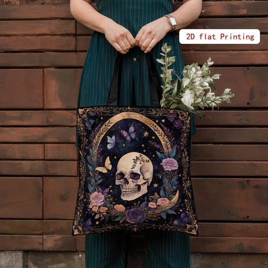 Women's Gothic Tote Bag - Large Capacity Open Top Purse with Elegant Skull & Floral Design (Purple/Black/ Golden/)