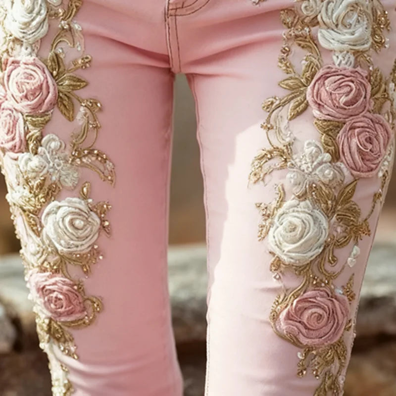 Romantic Pink Rose Flower Print Jeans