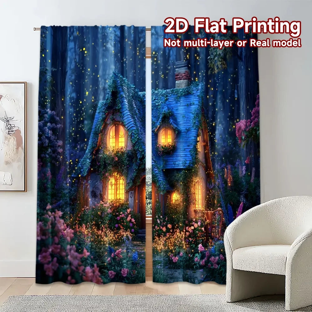 2pcs Curtains Fairy Cottage Night