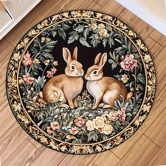 Round Vintage Rabbit Flower Pattern Rug