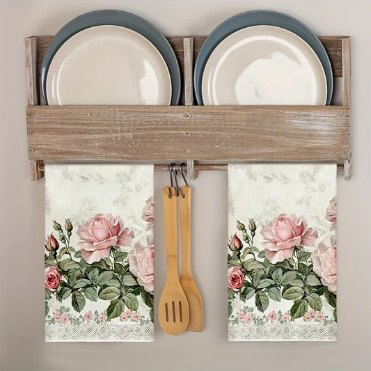 2Pc Vintage Lace Pink Rose Kitchen Towels