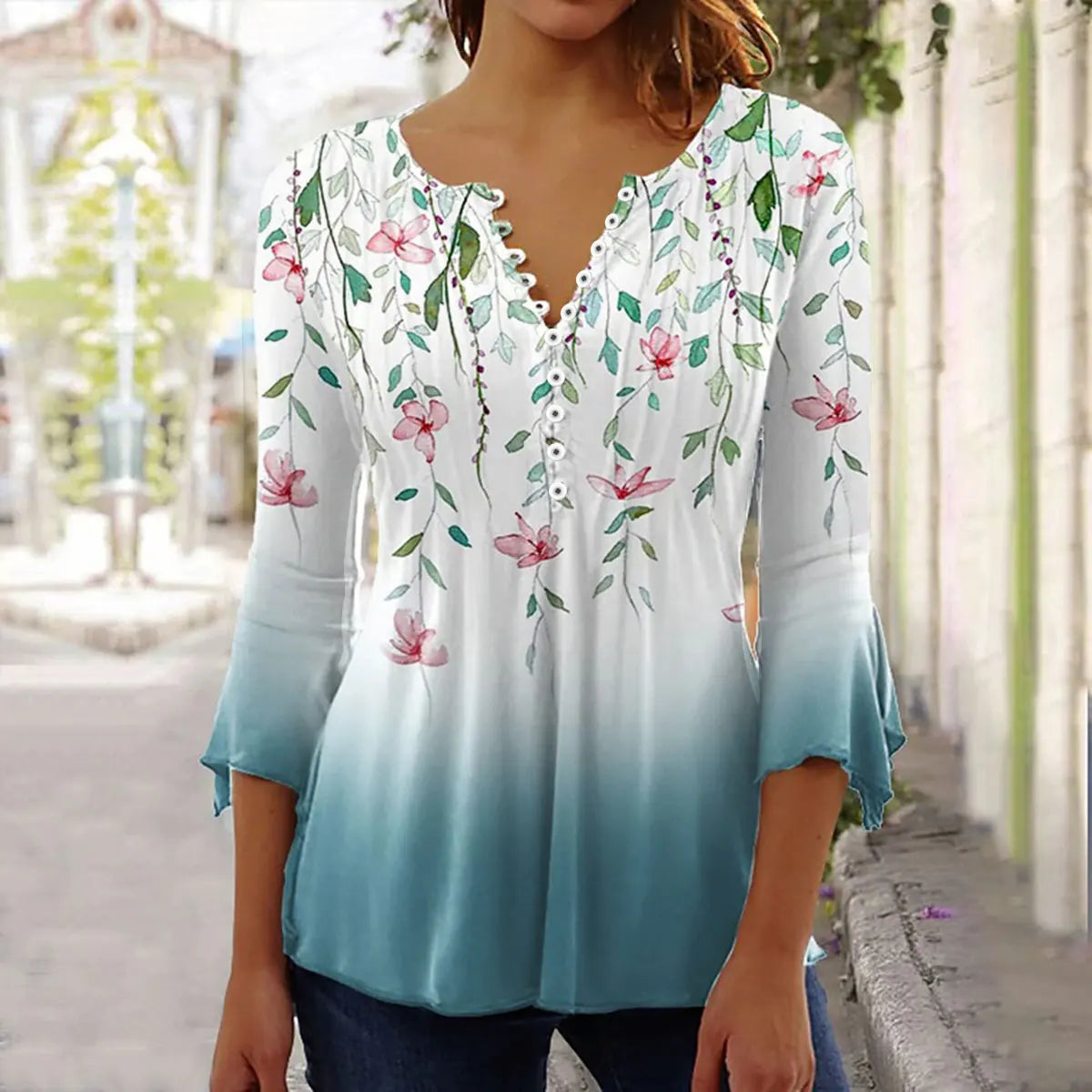 Women'S V-Neck Button-Down T-Shirt