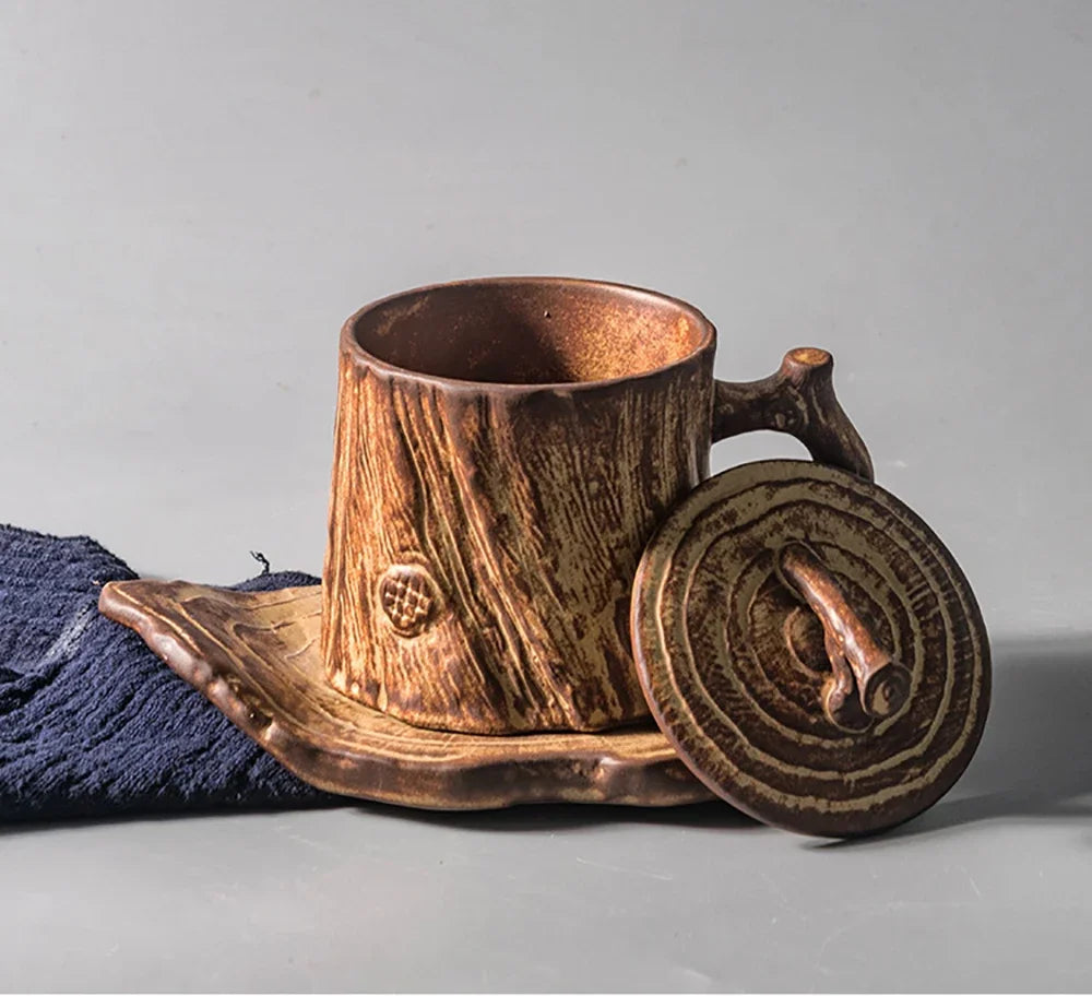 Original Wood Texture Ceramic Coffee Mug with Lid