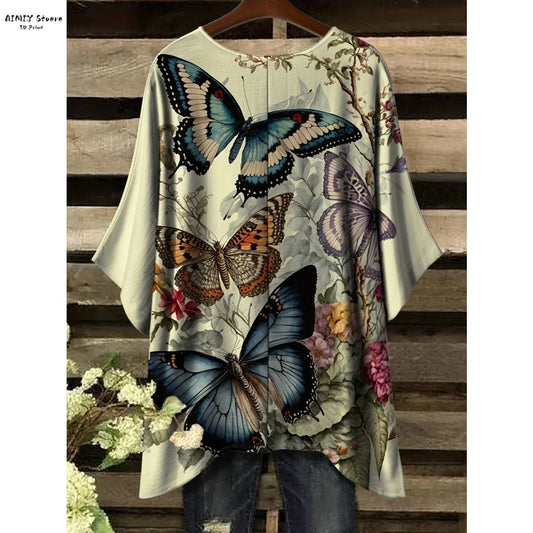 Butterfly Flower Pattern Printed Tail Hem Round Neck T-Shirt