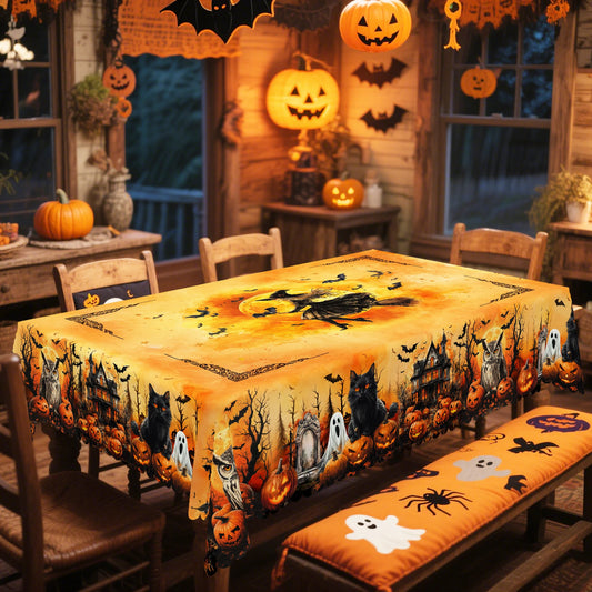 Printed Tablecloth, Featuring Castles, Pumpkins, Black Cats, and White Ghost Patterns