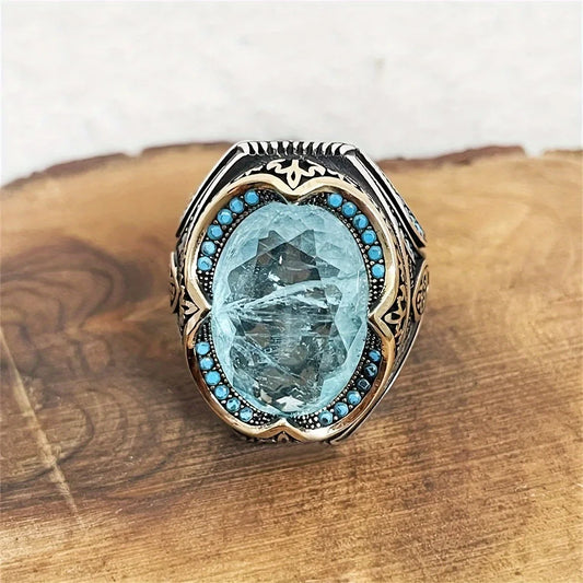 Vintage Turkish Blue Cubic Zirconia Ring - Antique Silver Finish