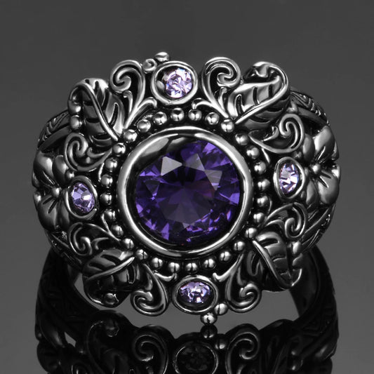 Amethyst Silver Color Ring Round Cut