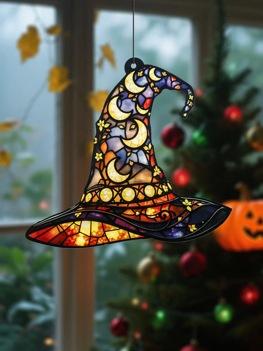 Halloween Witch Hat Window Hanging Acrylic Sun Catchers Hat Shaped with Moon & Floral Pendant Wall Decortions for Home & Garden