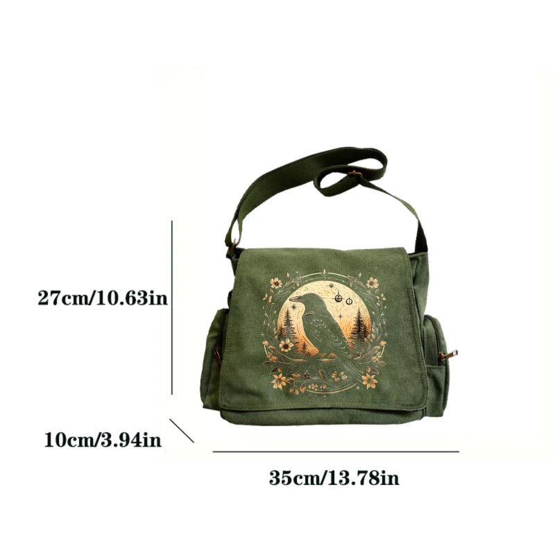 Vintage Shoulder Bag Canvas Raven Print Large Capacity