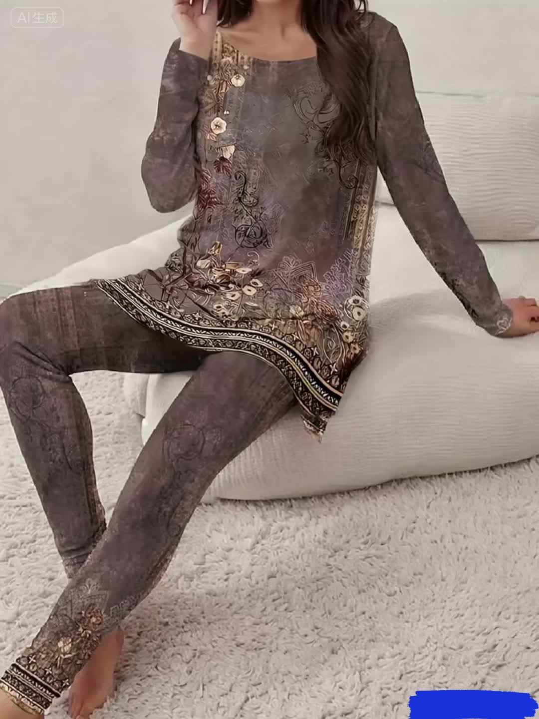 Casual Suit Featuring a V-Neck, Long Sleeves and Long pants