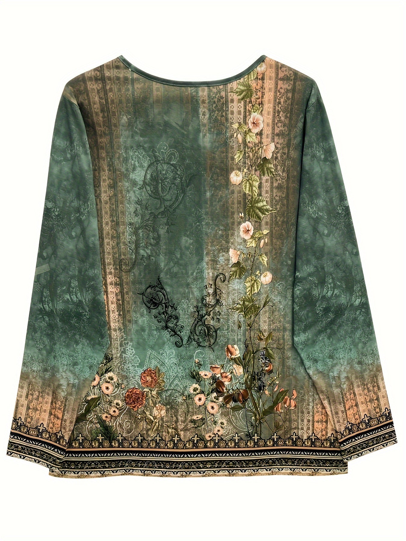 Bohemian Floral Print V-Neck Long Sleeve Tunic Top