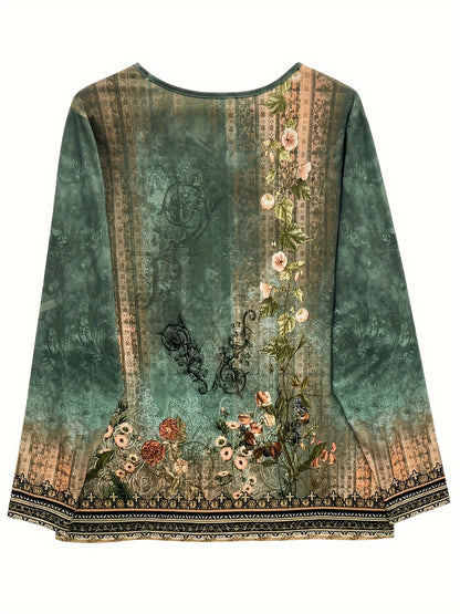 Bohemian Floral Print V-Neck Long Sleeve Tunic Top