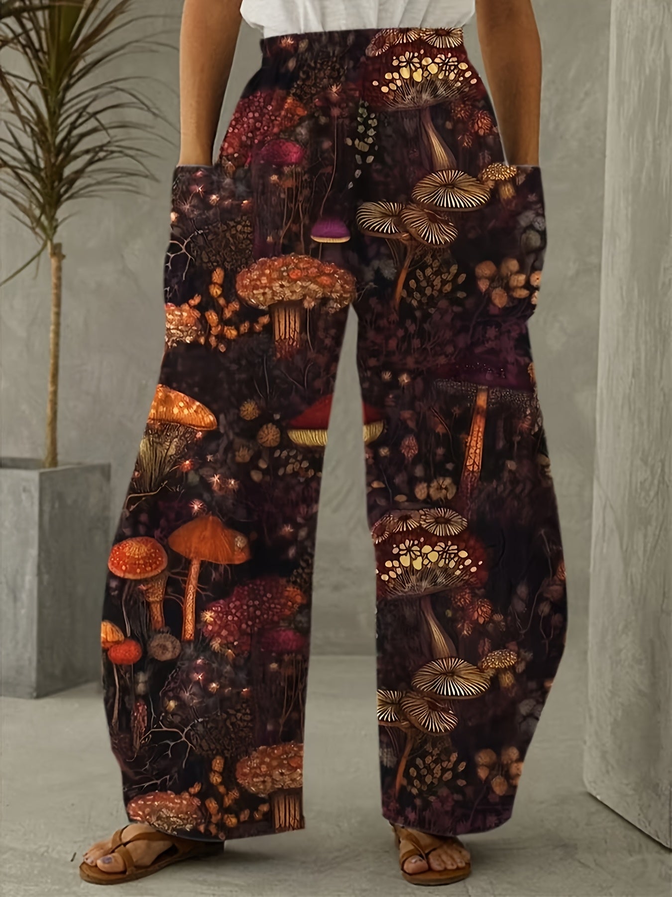 Vibrant Forest Print Wide Leg Pants with Pockets