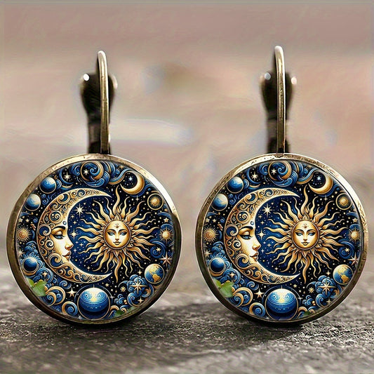 Golden Sun And Moon Retro Earrings