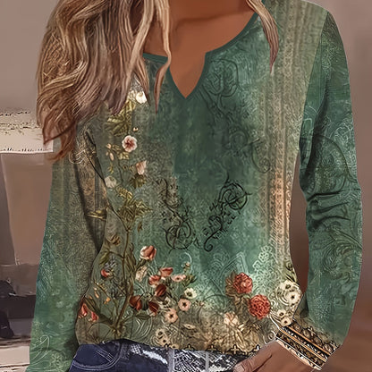 Bohemian Floral Print V-Neck Long Sleeve Tunic Top