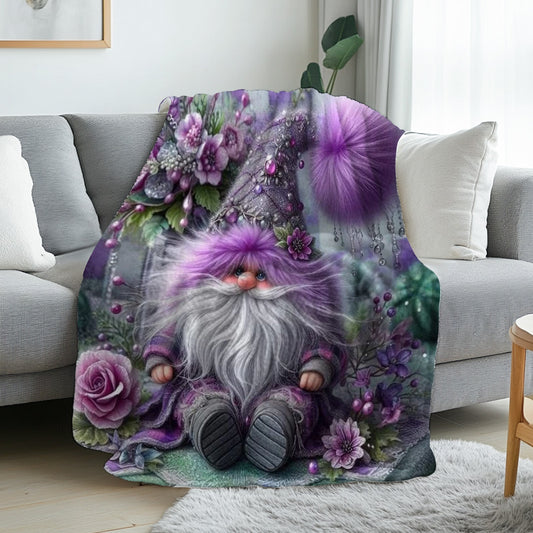 Gnome Flannel Blanket, Purple Floral Design