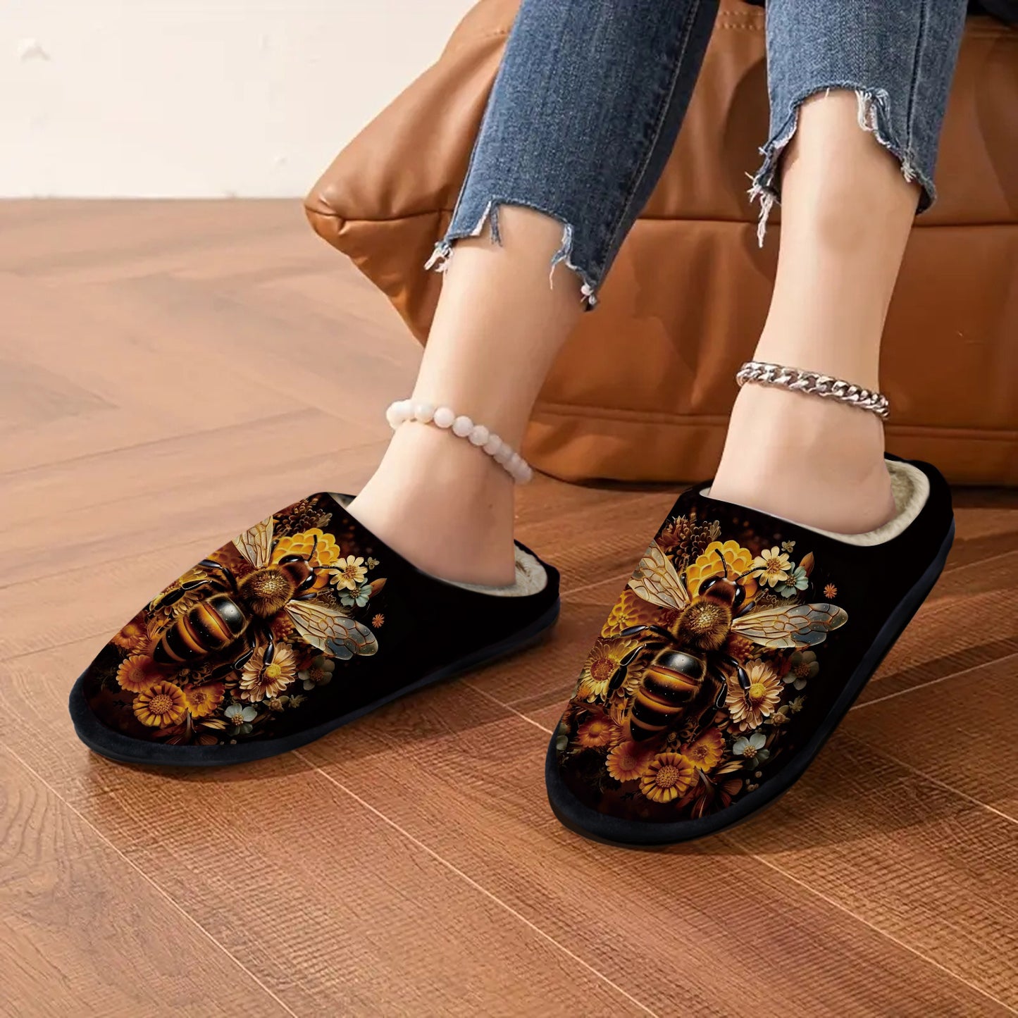 Bee design Soft Plush Fabric slippers with Non-Slip Rubber Sole