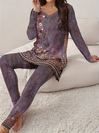 Casual Suit Featuring a V-Neck, Long Sleeves and Long pants