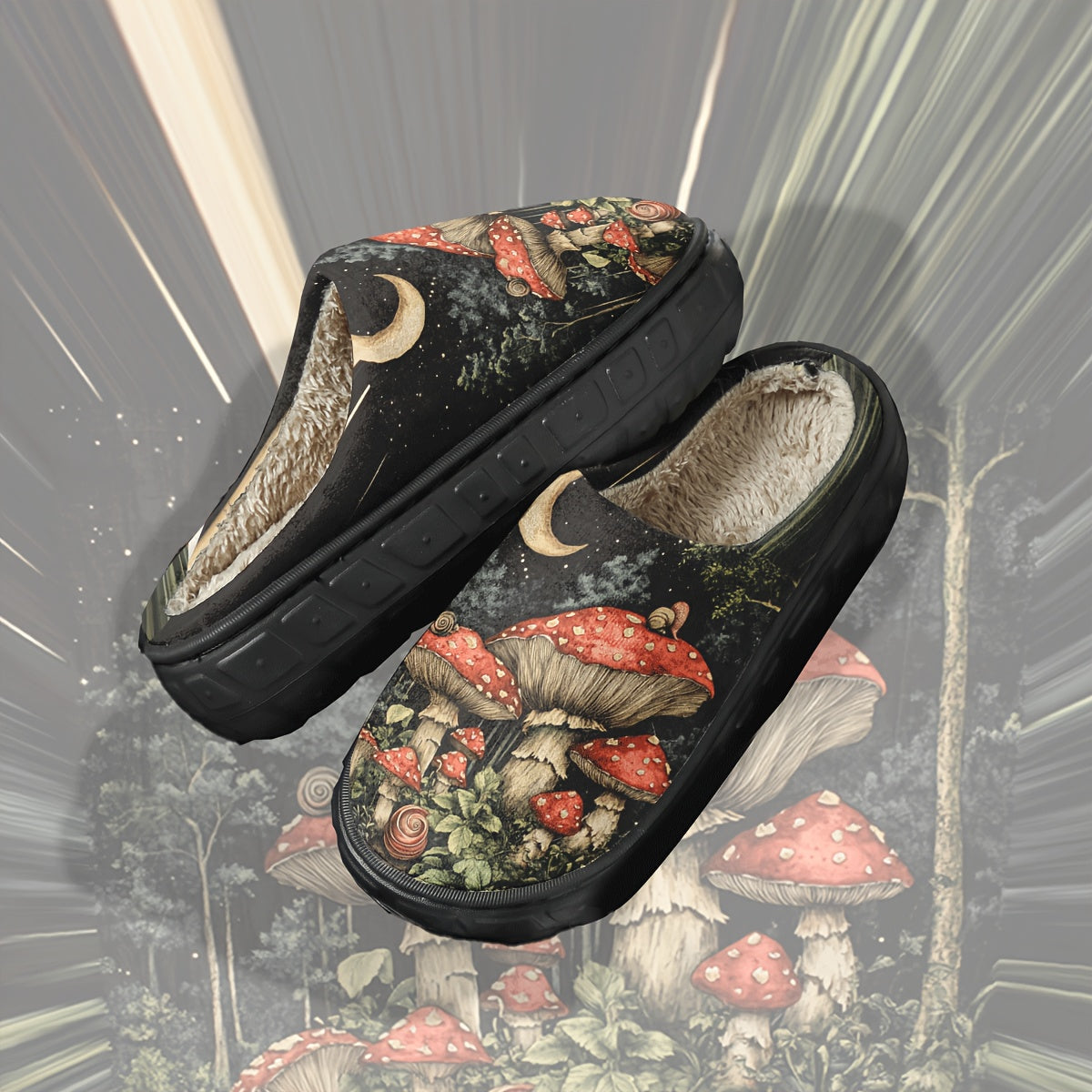 Plush Slippers - Moonlit Mushroom Forest Design