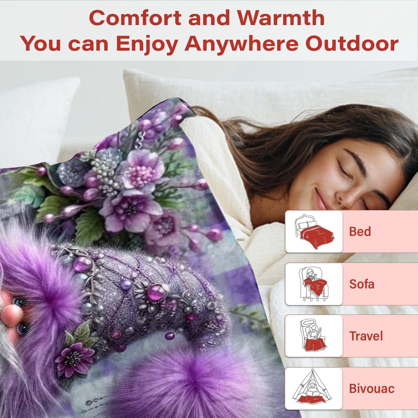 Gnome Flannel Blanket, Purple Floral Design