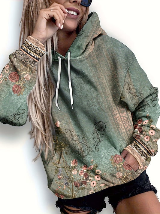 Women'S Vintage Oil Painting Floral Printed Hoodie  .