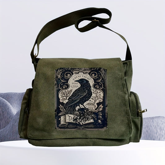 Large Capacity "Raven Print" Cross Body Bag Multi-Pocket Messenger