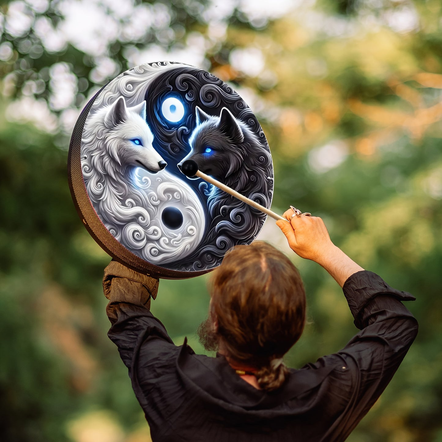 Yin Yang Wolf Drum with a Handle