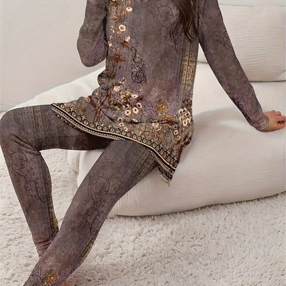 Casual Suit Featuring a V-Neck, Long Sleeves and Long pants