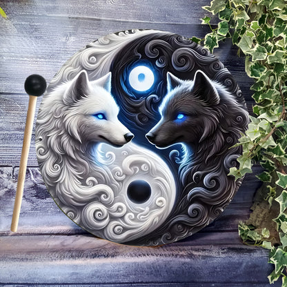 Yin Yang Wolf Drum with a Handle