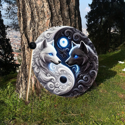 Yin Yang Wolf Drum with a Handle