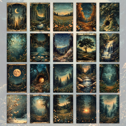 Vintage Golden Moon Forest Night Paper Postcards