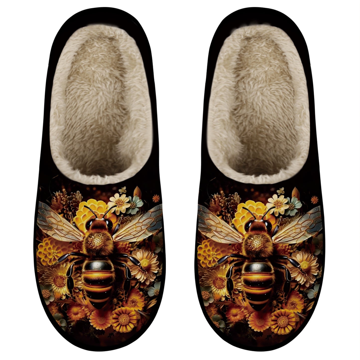 Bee design Soft Plush Fabric slippers with Non-Slip Rubber Sole