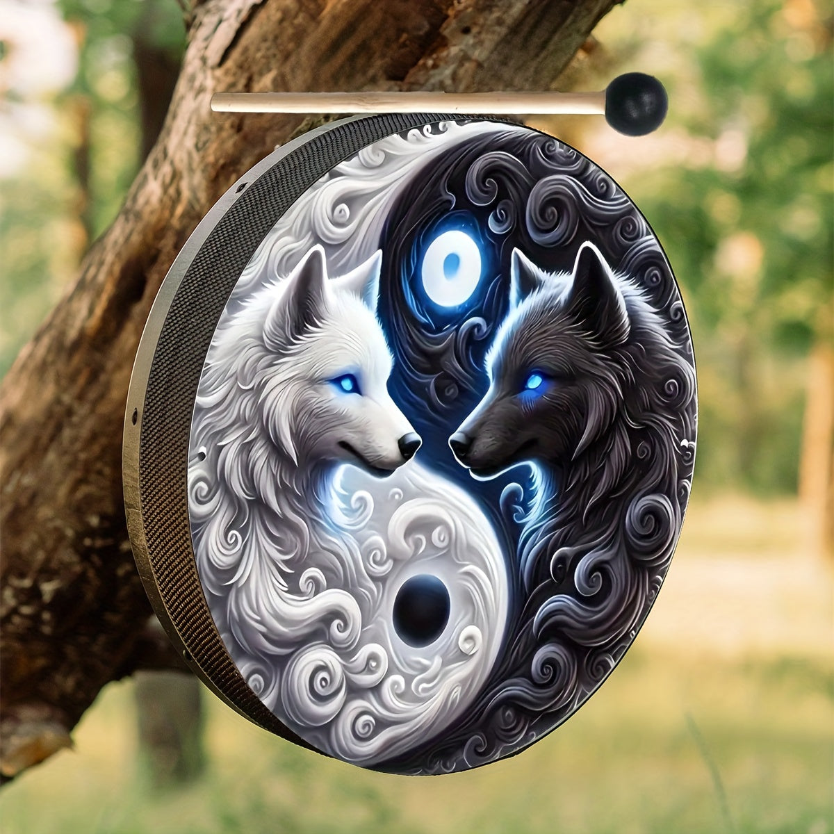 Yin Yang Wolf Drum with a Handle