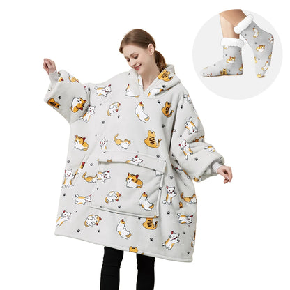 Adult Wearable Hoodie With Socks Oversized Hooded Blanket