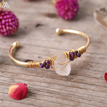 Natural White Quartz Chunky Beads Open Cuff Bangle Women Amethysts Quartz Round Beads Wire Wrap Gold Copper Open Bracelet