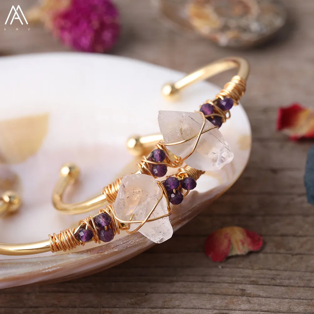 Natural White Quartz Chunky Beads Open Cuff Bangle Women Amethysts Quartz Round Beads Wire Wrap Gold Copper Open Bracelet