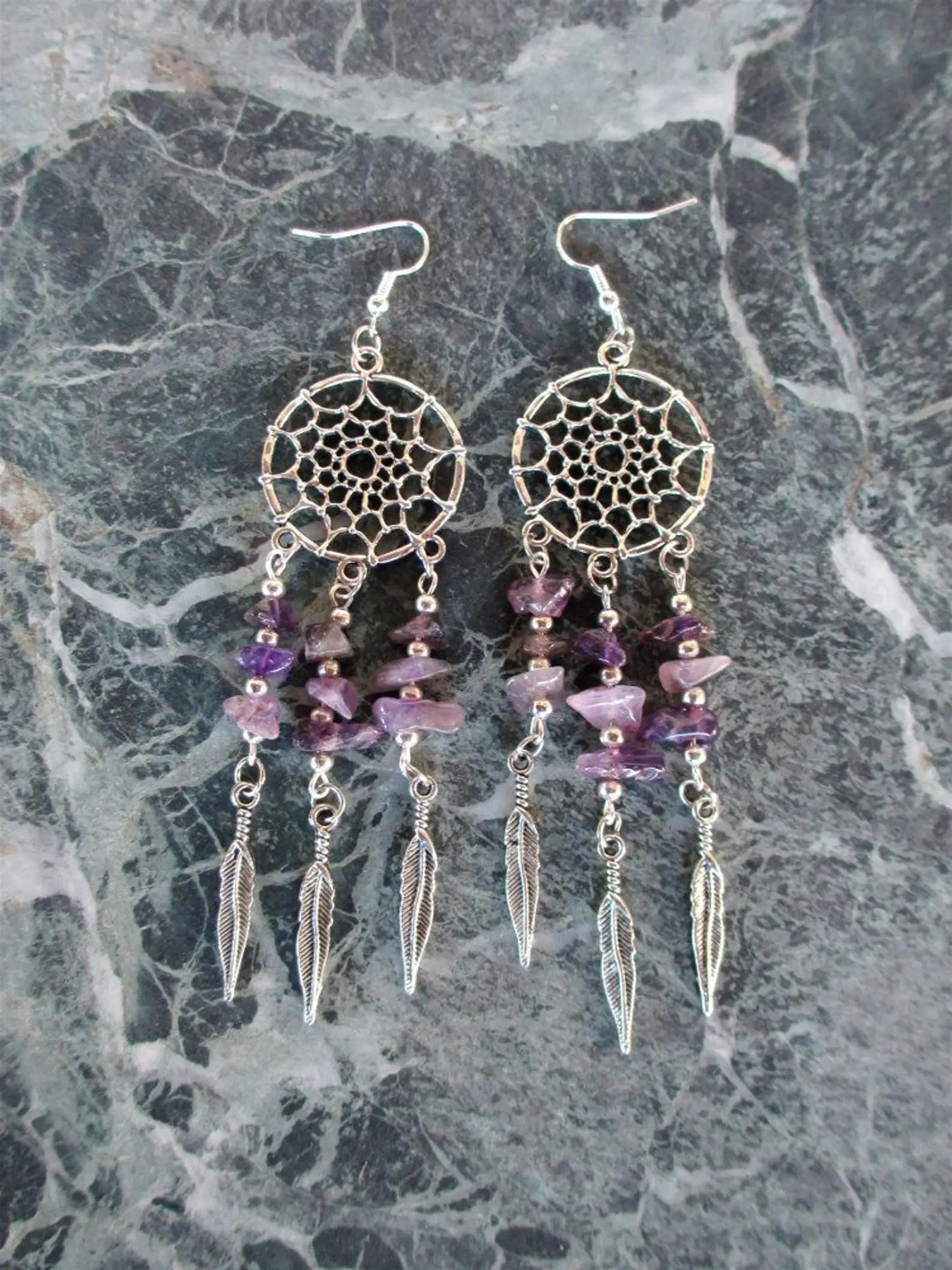 Sterling Silver Raw Amethyst Dream Catcher drop Earrings