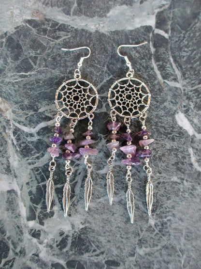 Sterling Silver Raw Amethyst Dream Catcher drop Earrings