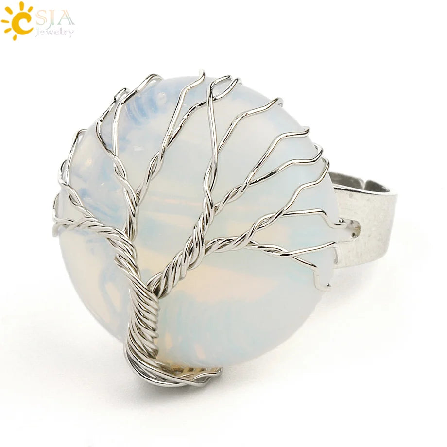 CSJA Natural Stone Round Cabochon Ring Silver Color Reiki Tree of Life Wire Wrap Finger Rings Size Adjustable for Women Men G241
