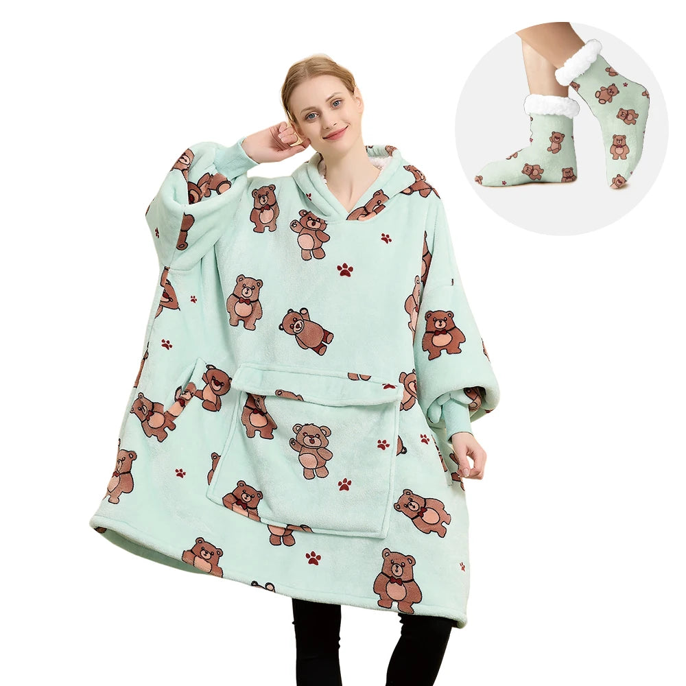 Adult Wearable Hoodie With Socks Oversized Hooded Blanket