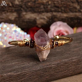 Natural White Quartz Chunky Beads Open Cuff Bangle Women Amethysts Quartz Round Beads Wire Wrap Gold Copper Open Bracelet