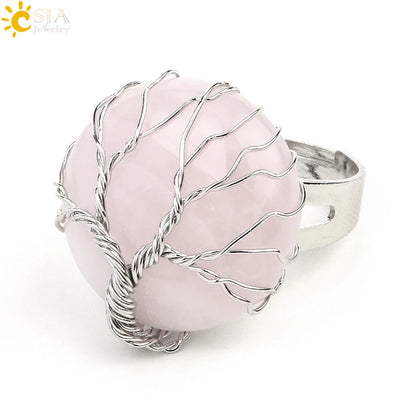 CSJA Natural Stone Round Cabochon Ring Silver Color Reiki Tree of Life Wire Wrap Finger Rings Size Adjustable for Women Men G241